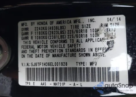 2014 Honda Crosstour Ex V6 z USA, uszkodzony, nr VIN 5J6TF1H36EL001928